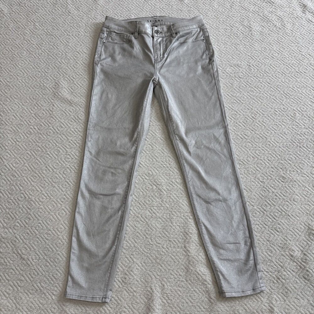 White House Black Market Jeans Womens 2 Silver Metallic Skinny Ankle Mid Rise